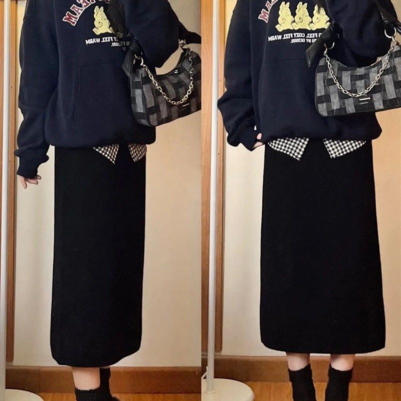 黑色半身裙秋冬大尺码梨型身材微胖穿搭显瘦遮肚子开叉a字毛呢裙