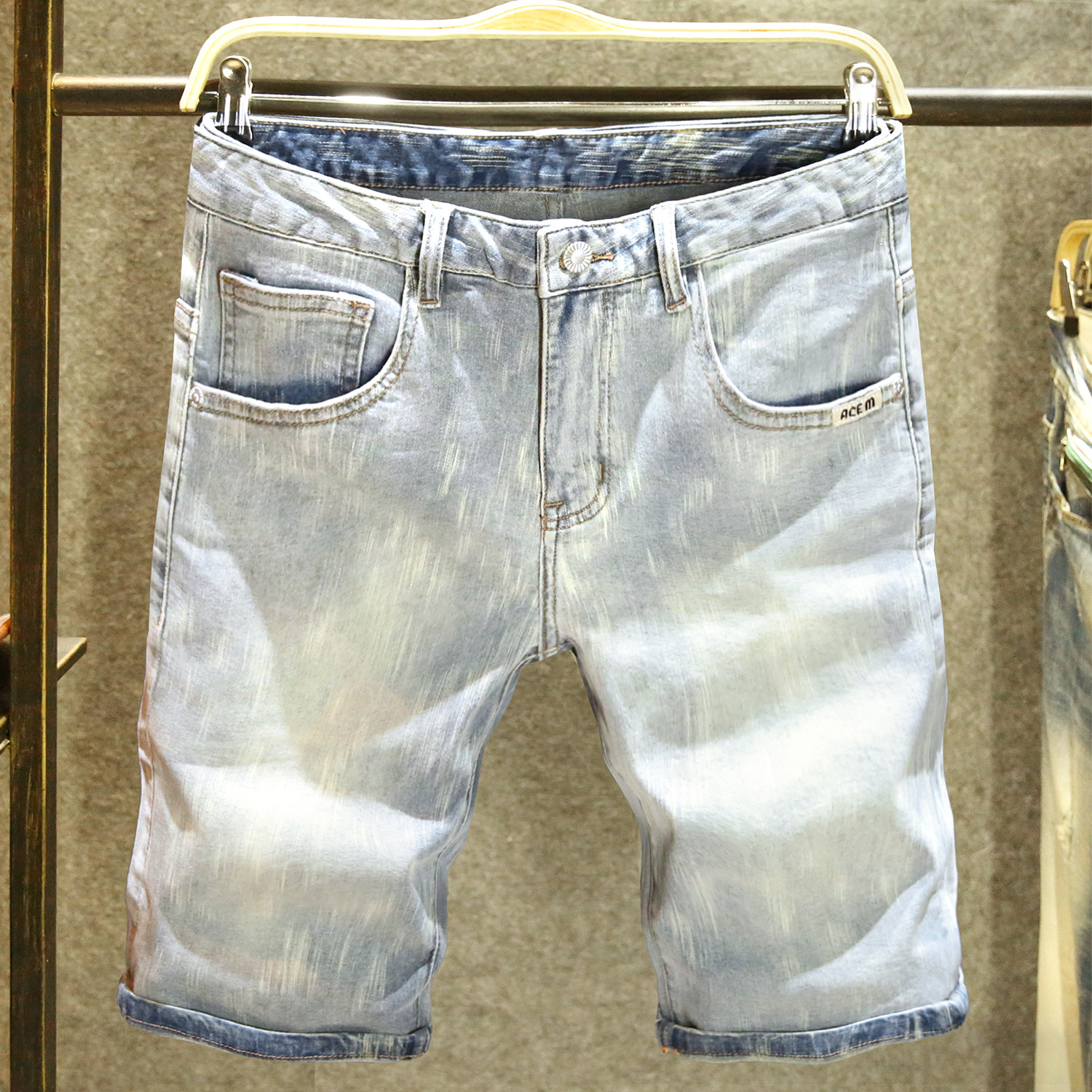 韩版潮流牛仔短裤男夏季薄款宽松直筒中裤浅蓝色休闲百搭五分裤潮