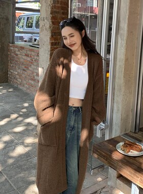 灰色中长版毛衣开衫女秋冬2023新款气质长袖宽松V领针织外套上衣