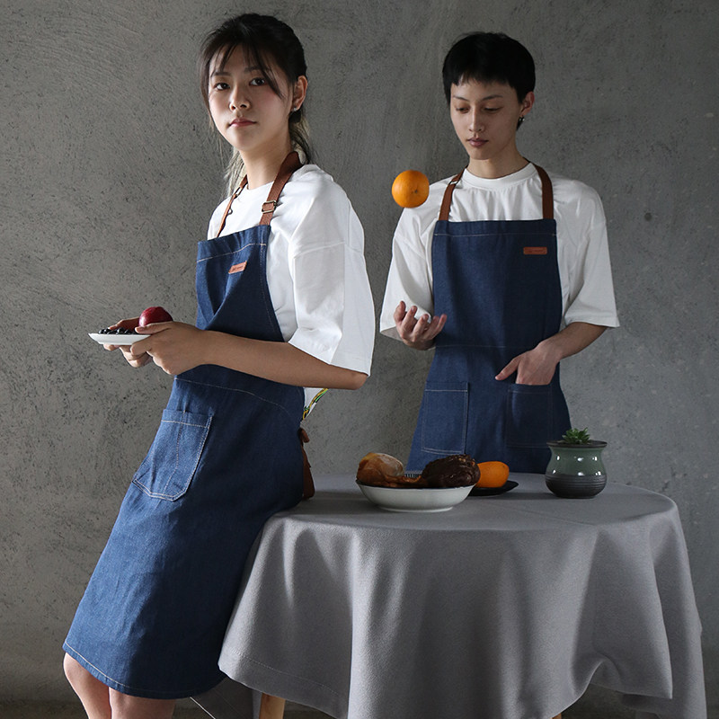 日式牛仔家用厨房烘焙奶茶咖啡店餐厅围裙美甲园艺师男女成人长款