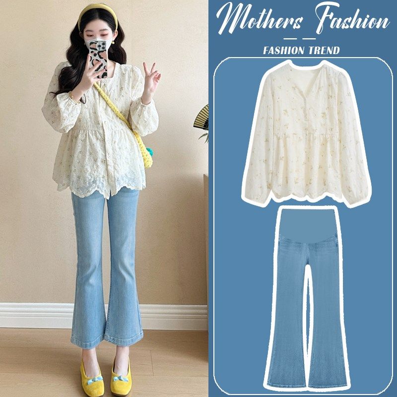 孕妇套装春秋2025新款杏色复古气质宽松方领娃娃衫牛仔裤两件套女,孕妇装/孕产妇用品/营养,连衣裙,淘宝优惠券,粉丝福利购,淘宝优惠卷