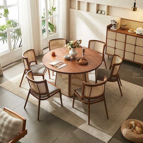 北欧藤编实木餐桌椅组合创意日式家用餐厅圆饭桌民宿酒店餐椅组合