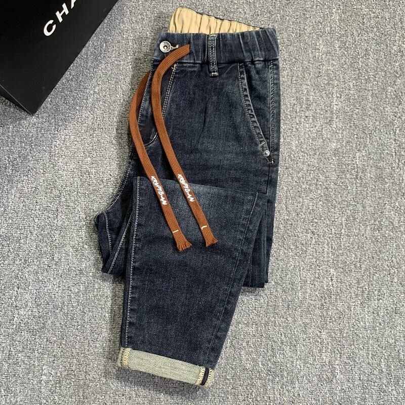 松紧腰牛仔裤男加绒2024冬季爆款潮流修身弹力百搭男士抽绳九分裤