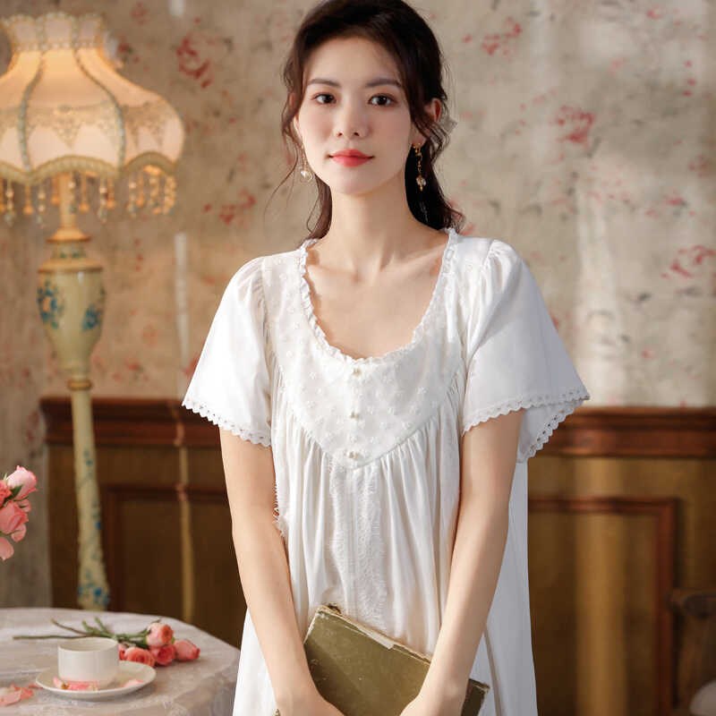 宫廷风睡裙女夏短袖纯棉薄款蕾丝公主风少女法Q式睡衣中长款仙女