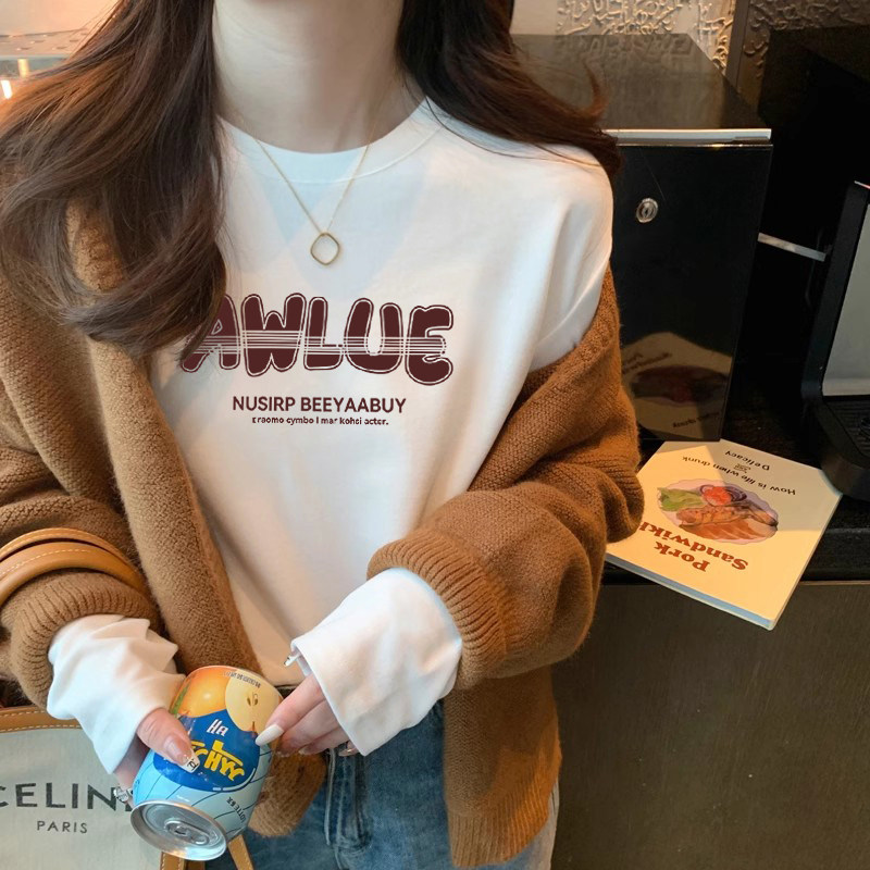 初秋纯棉长袖t恤女2024秋冬打底衫白色内搭上衣大码宽松时尚洋气