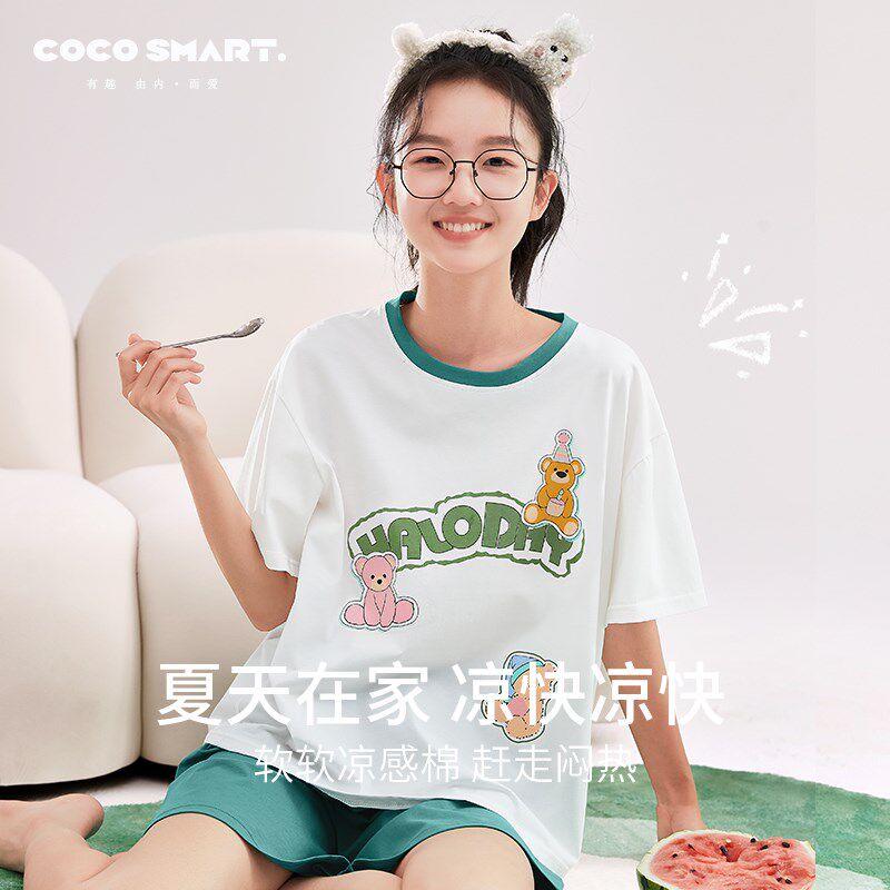 睡衣女夏款青少年初中学生少女短袖家居服套装Q女童舒适纯棉可外