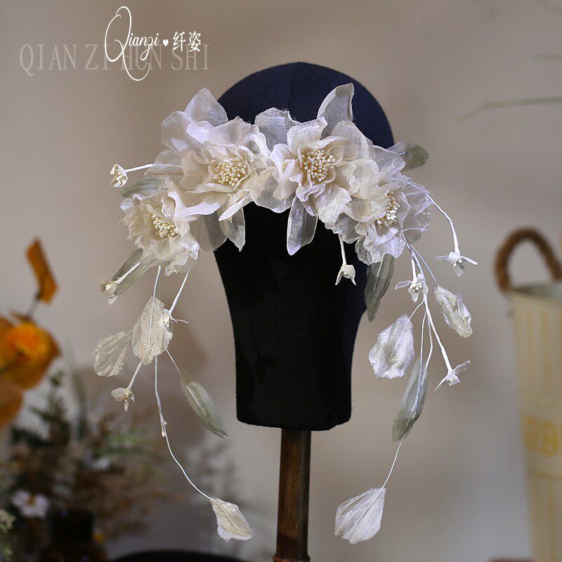 新款仙气香槟色新娘头花婚纱花环盘发跟妆影楼旅拍手工烫花配饰品