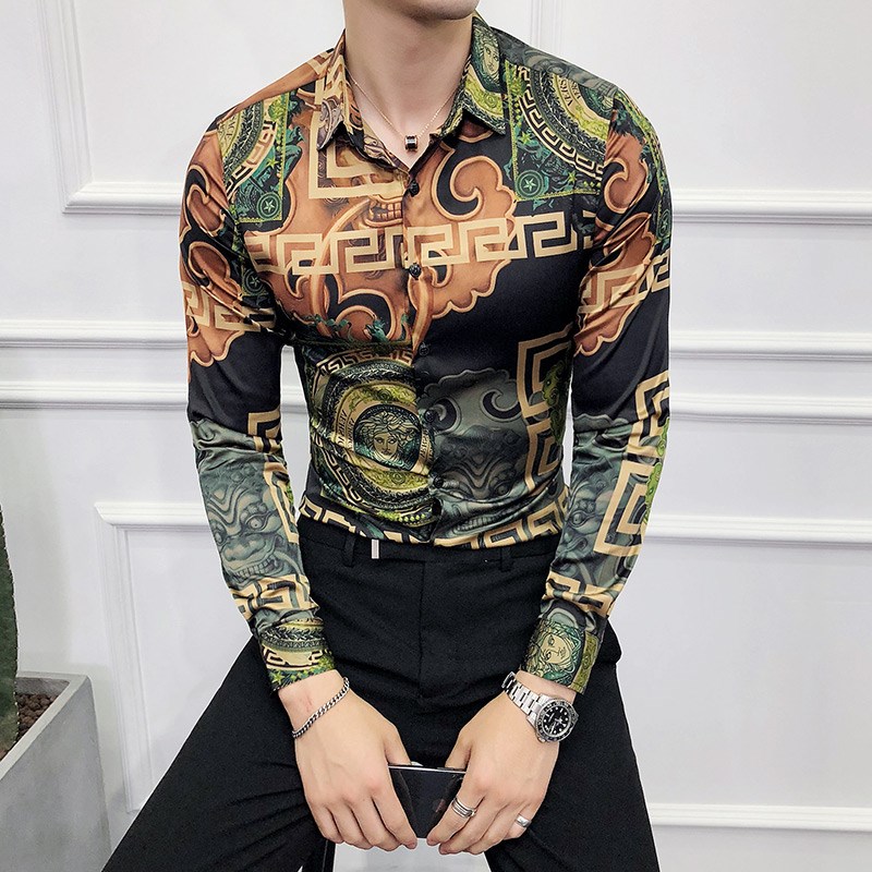 秋季上衣潮流休闲衬衫男韩版修身长袖打底衫小清新夜店印花男衬衣