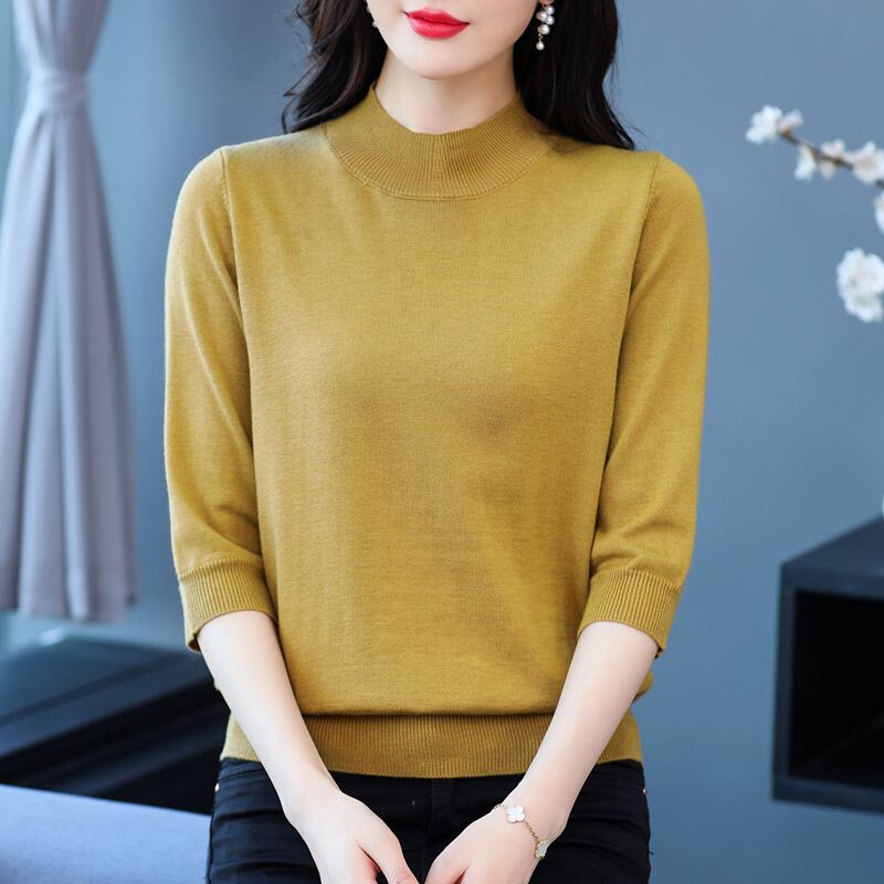 简约毛衣女中袖套头针织打底衫2023新款春秋季宽松七分袖洋气上衣