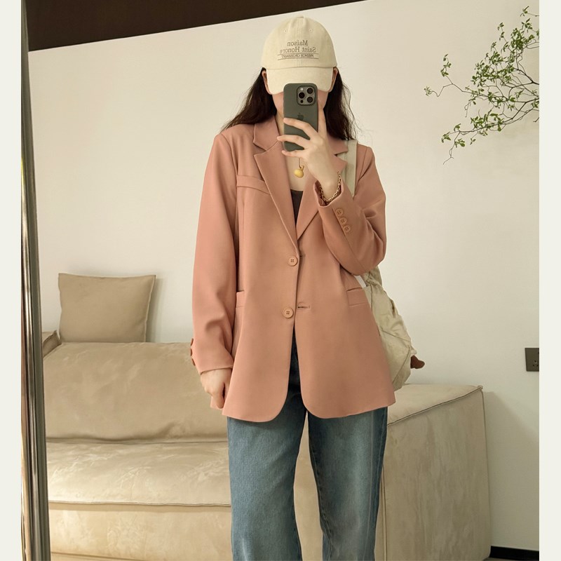 高级感粉色西装外套女春秋装新款韩版小个子宽松显瘦休闲西服上衣