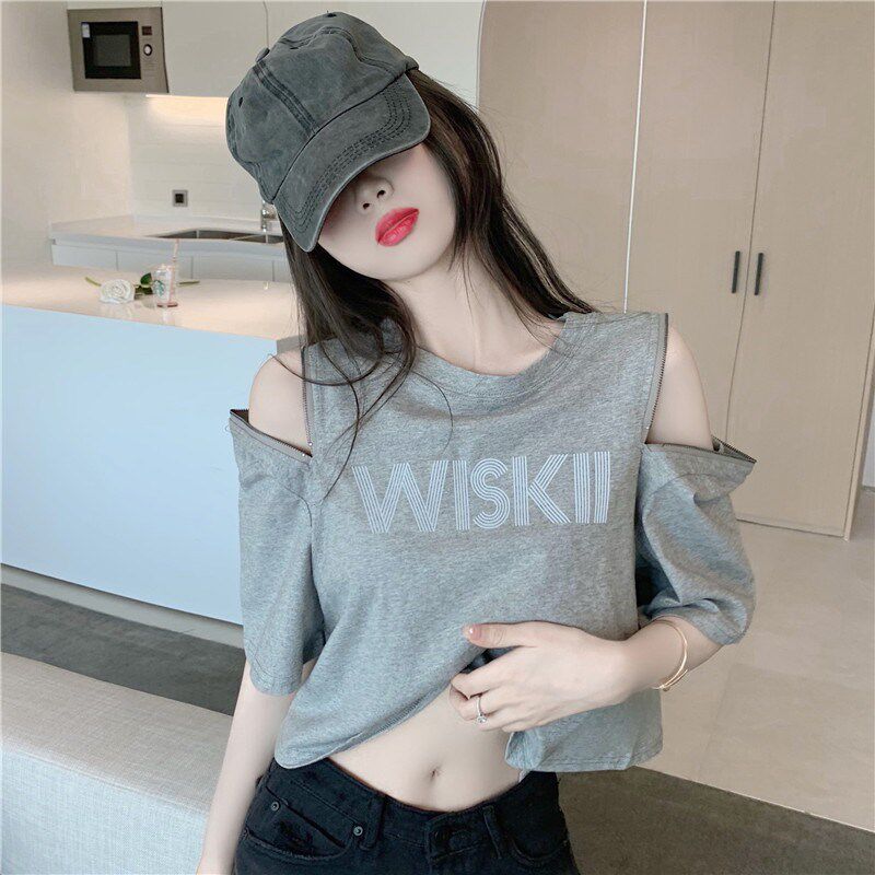 纯棉女装夏装新款露肩宽松半袖t恤女设计感小众短款高腰肚脐上衣