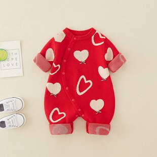 红色婴儿衣服秋冬满月公主服女宝宝纯棉百天连体毛衣可爱爬服套装