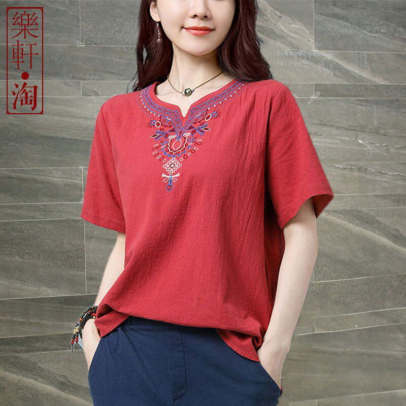 刺绣花民族风棉麻女装新款夏季上衣宽松遮肚中老年妈妈装短袖t恤