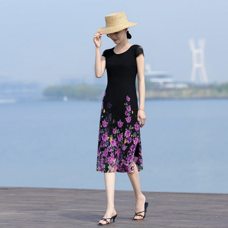 气质夏装连衣裙2024新款时尚印花收腰显瘦国风复古改良旗袍裙子