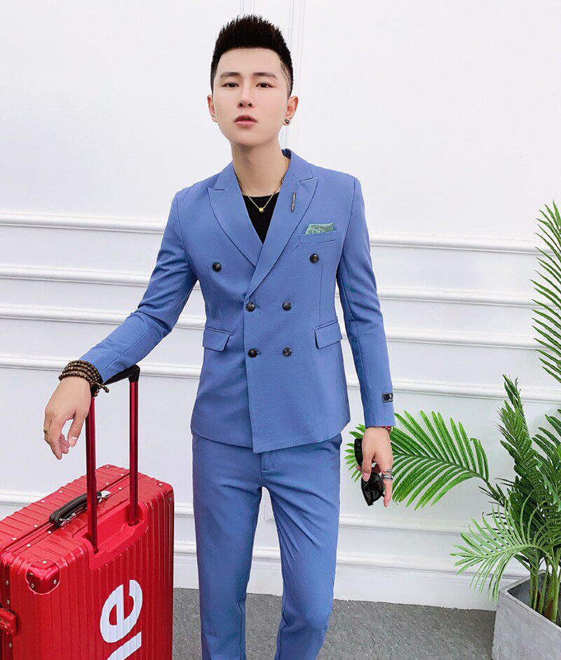 男装双排扣纯色休闲商务西装两件套男修身夜场秋冬时尚西服套装潮