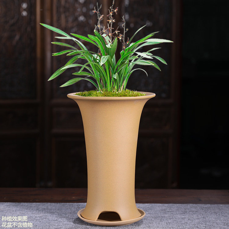 紫砂花盆兰花盆带托盘兰花专用盆简约素面高花盆桌面家用室内花盆