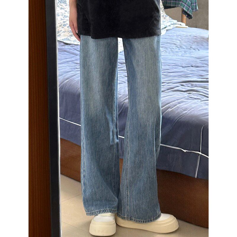 浅蓝色直筒垂坠感牛仔裤男女潮牌大码阔腿裤显瘦宽松休闲情侣长裤