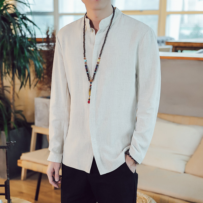 春夏棉麻盘扣唐装长袖衬衫中式复古风宽松大码茶服上衣中国风男装