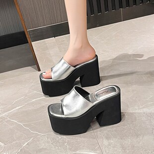 11cm粗跟超高跟鞋防水台松糕厚底银色增高凉鞋外穿时尚鱼嘴拖鞋女
