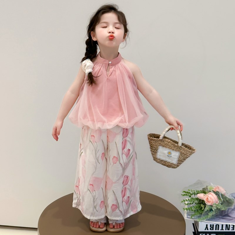 女童夏装套装2025新款儿童洋气甜美新中式阔腿裤女宝宝夏季两件套