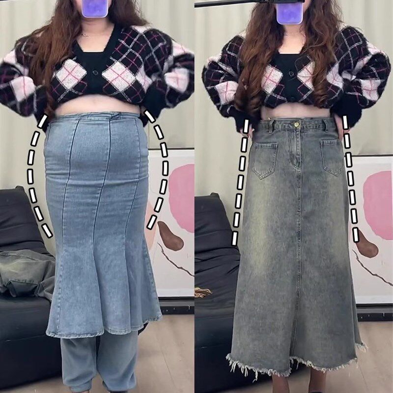 胖妹妹适合梨形身材a字复古牛仔鱼尾半身裙秋冬大码显瘦遮胯裙子