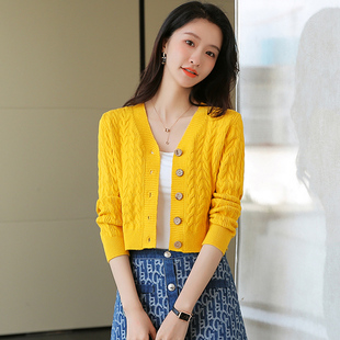 短款毛衣外套女加厚秋冬2022新款高腰V领上衣小个子修身针织开衫