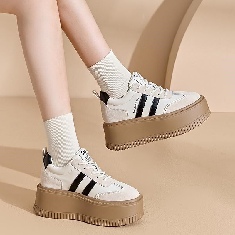 德训鞋女春季内增高女鞋8cm真皮小白鞋女厚底板鞋百搭松糕休闲鞋