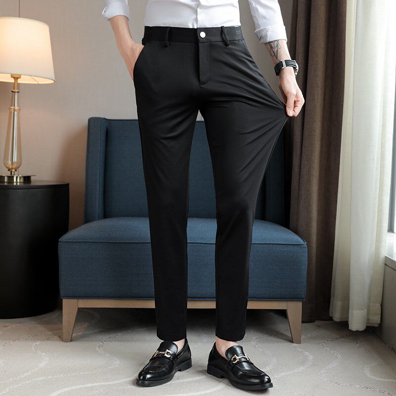 冰丝男裤子夏季薄款高弹力修身小脚高级感西裤商务休闲.长裤英伦