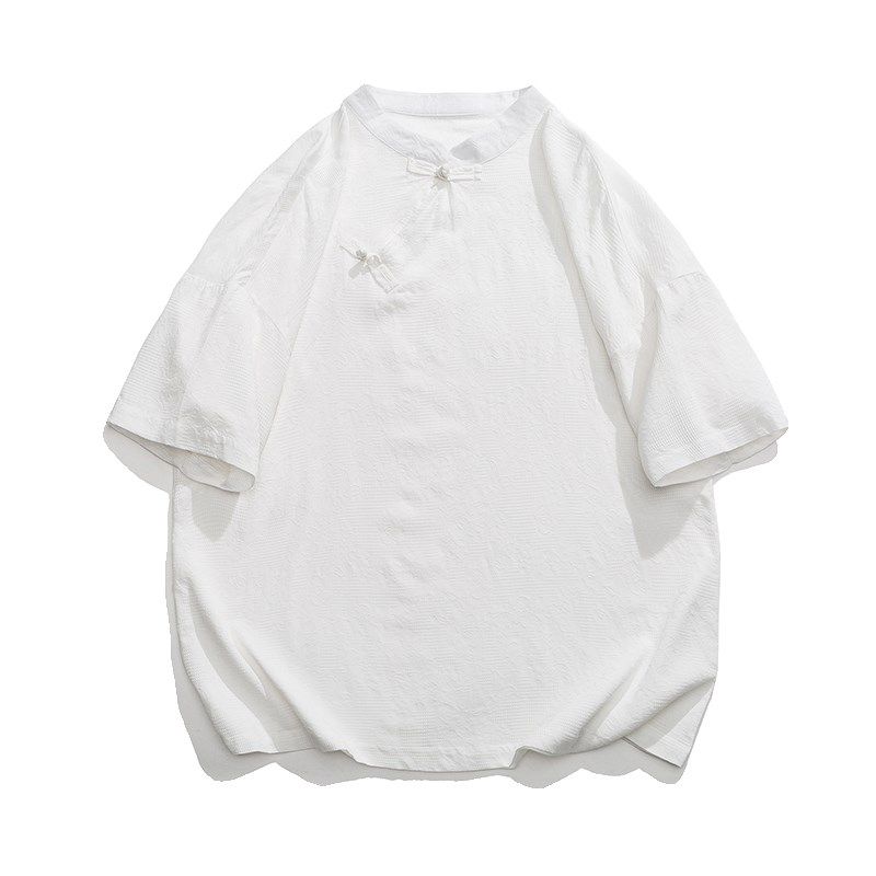 夏装全棉中袖T恤新中式立领斜门襟C禅意茶服改良汉服男体恤衫上衣