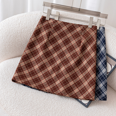 复古格纹毛呢短裙半身裙女