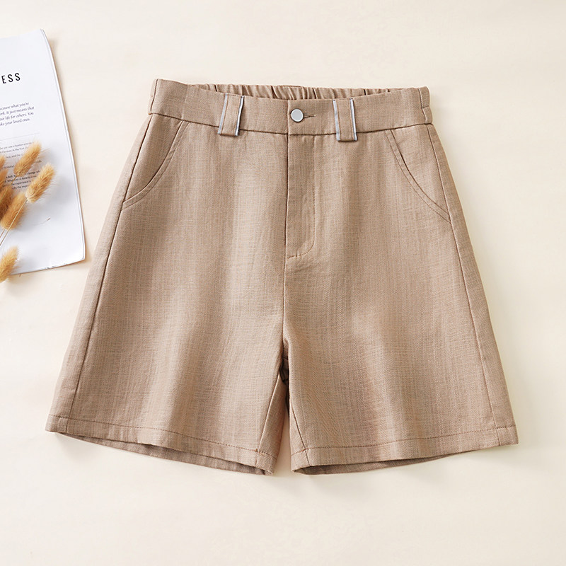 卡其色天丝亚麻五分短裤女2025夏季新款松紧高腰显瘦棉麻阔腿裤子