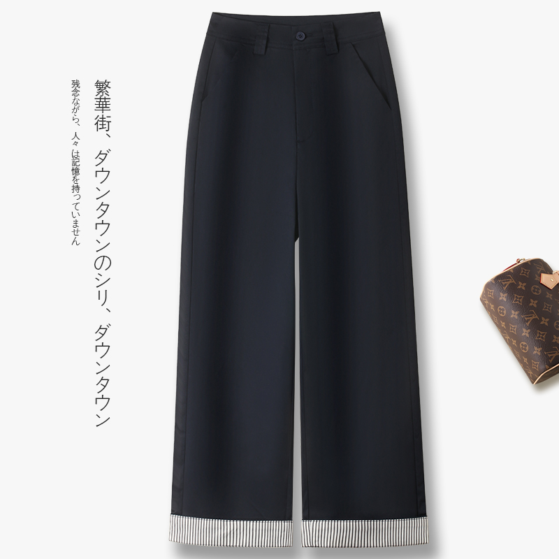藏青色八分西装休闲裤女2025夏季新款卷边撞色设计感小个子阔腿裤
