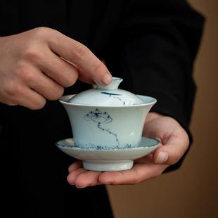 纯手绘荷花茶盏三才盖碗品茗杯家用茶杯陶瓷功夫茶具泡茶碗敬茶碗