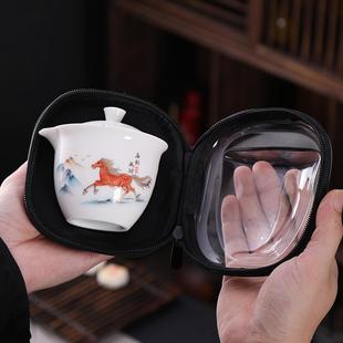 一壶三杯中式 德化羊脂玉旅行茶具套装 泡茶便携盖碗户外露营快客杯
