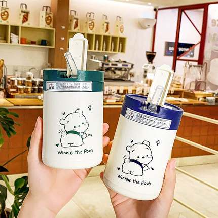 双饮卡通水杯创意双层玻璃杯带盖咖啡杯儿童家用办公室吸管杯