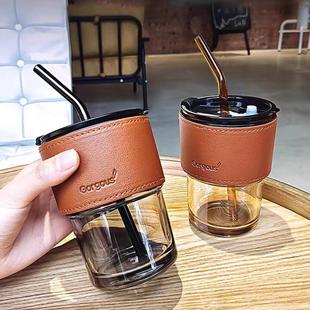 办公室玻璃吸管杯创意高颜值竹节杯家用水杯ins风双饮杯礼品杯子