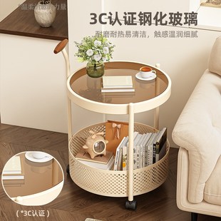 沙发边几轻奢高级感客厅中古风可移动茶几复古小推车床头带轮边柜