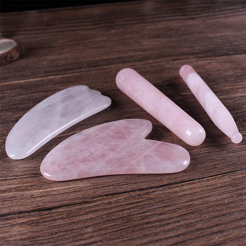 粉水晶玉石套装滚轮羊角刮痧板美容院经络点穴拔筋棒按摩面部