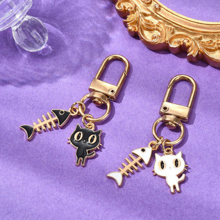 卡通可爱小猫鱼骨头挂件车钥匙扣包包挂饰U盘防丢扣情侣款小饰品