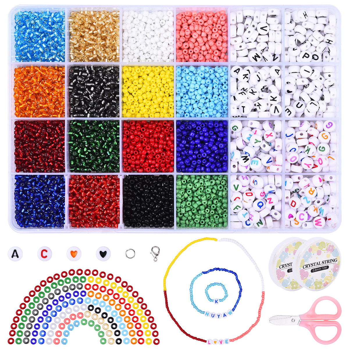 新款玻璃米珠字母珠龙虾扣套装DIY串珠手链项链编织 送剪刀弹力绳