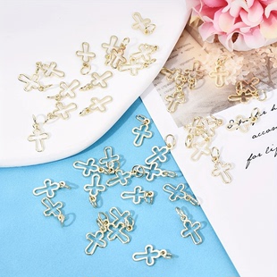50个 镀18K真金 铜配件 镂空十字架吊坠 DIY项链手链耳环挂件材料