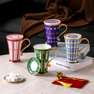 TIFANI皇家萨瓦法式 骨瓷马克杯精致好看喝水杯子带盖女轻奢牛奶杯