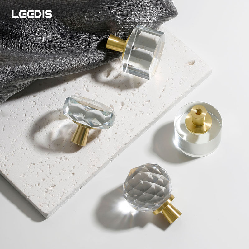 法式透明黄铜水晶柜门拉手现代简约高档轻奢单孔橱柜衣柜抽屉把手