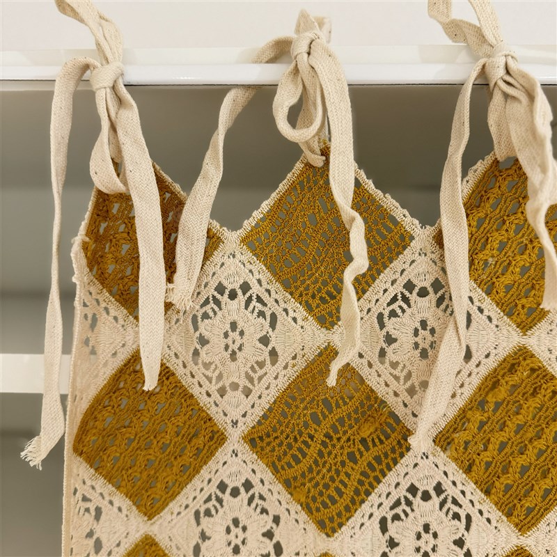 穿梭芥末黄绣花手工钩针帘头半帘门帘免打孔系带式柜子遮挡帘装饰