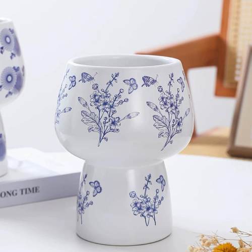青花瓷简约陶瓷花盆绿植蝴蝶兰桌面高脚花盆家居装饰创意花盆