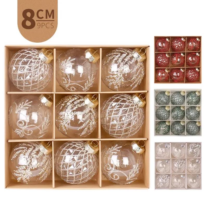 圣诞节装饰品 8cm/9PCS透明PET彩绘圣诞球礼盒套装 圣诞树挂件