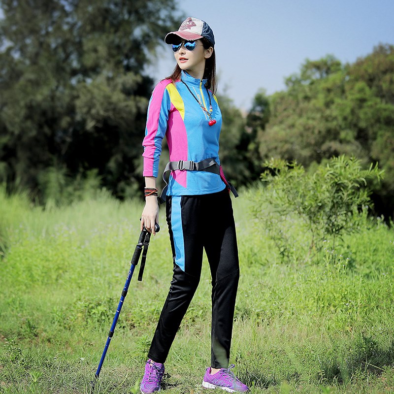 户外行山速干衣运动套装女长袖T恤登山徒步立领透气快干上衣夏季
