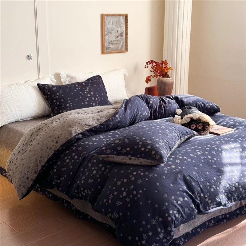 轻奢复古风全棉双层纱四件套色织紫色大提花棉纱床单被套四季款