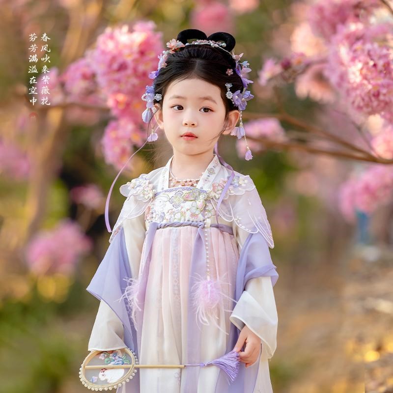 女童汉服春装襦裙儿童古风刺绣超仙气连衣裙新中式紫色连衣裙唐制