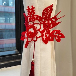 饰品轻奢高档新中式 非遗喜鹊剪纸结婚窗帘绑带窗帘y扣新房装 一对